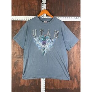 Utah Single Stitch Preshrunk USA Made T Shirt Blue Gray Men's XL Vintage 80s VTG